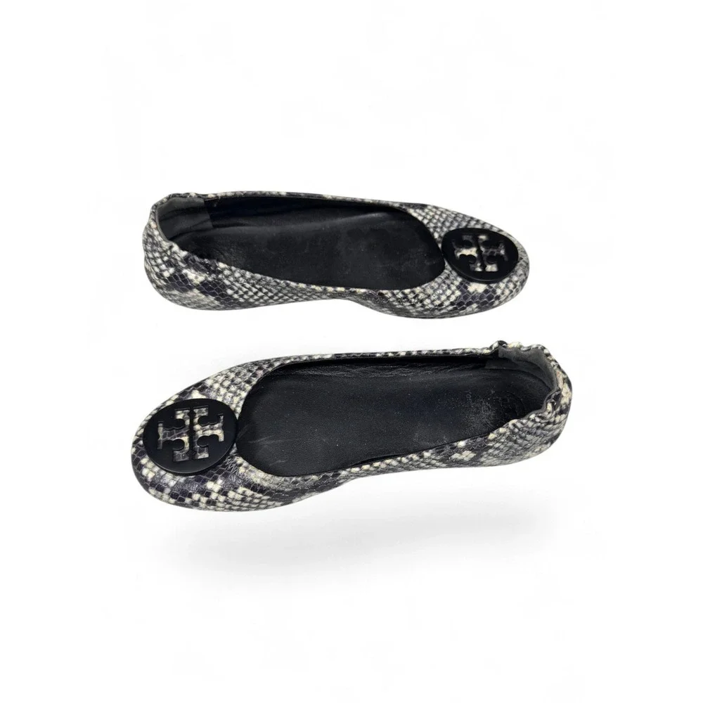 Tory Burch Reva Snakeskin Embossed Leather Ballet Flats Grey Black Logo Flat